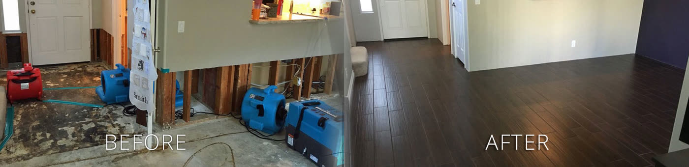 Illustrative before-and-after view of water-damaged materials and a restored interior